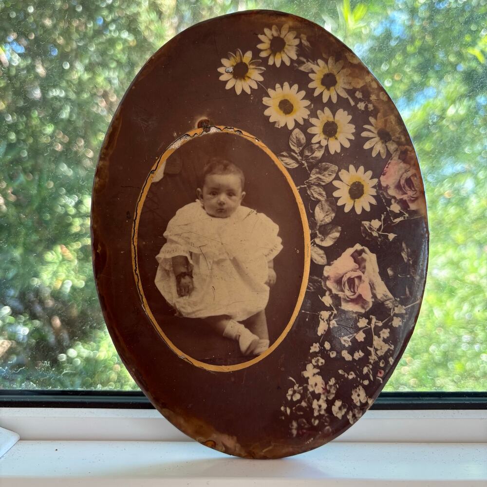 Antique 1900s Celluloid Tin Baby Photo Floral Oval Plaque